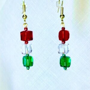 Handcrafted Women Earrings Pierced 3 Crystals, Red, Green, Clear Holiday Gift